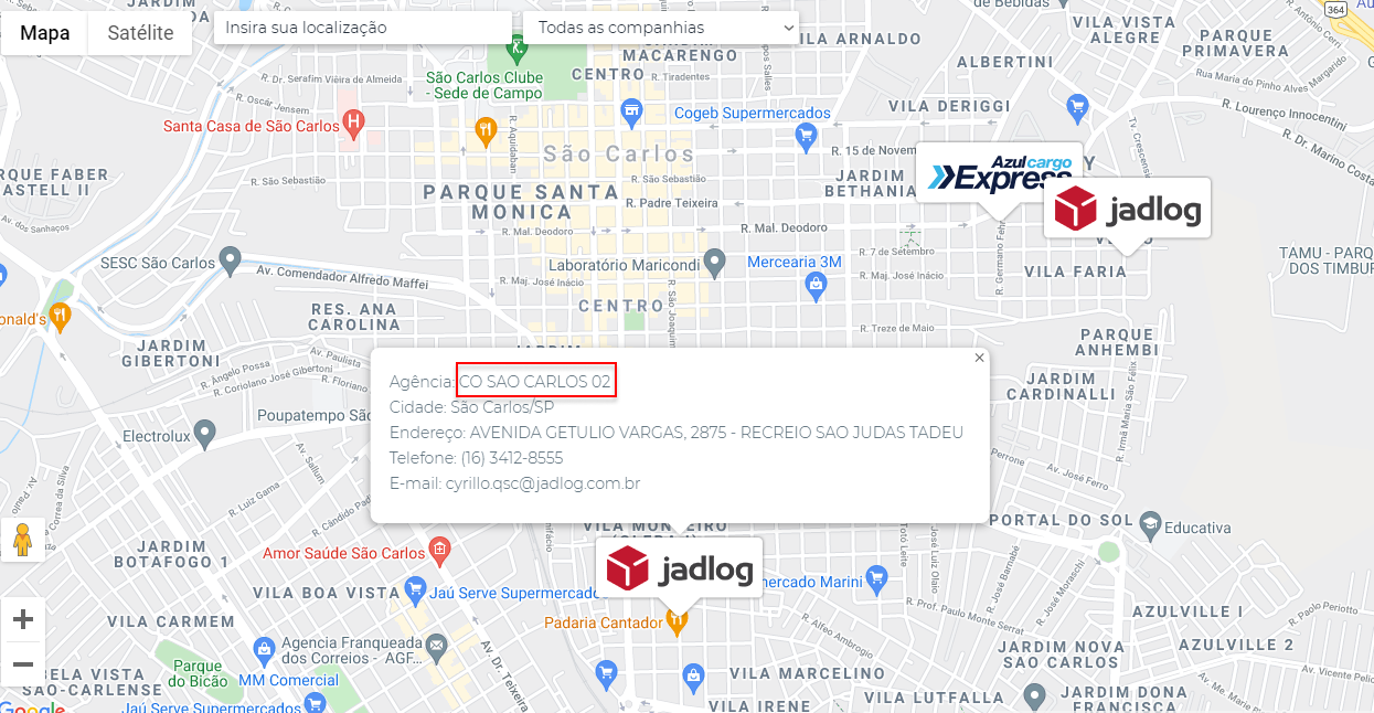 mapa de agências da Jadlog