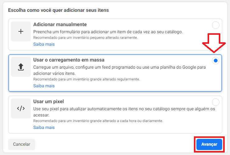 tela usar o carregamento em massa