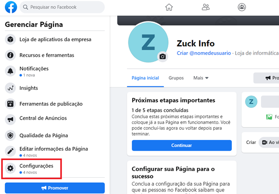 tela facebook configurações