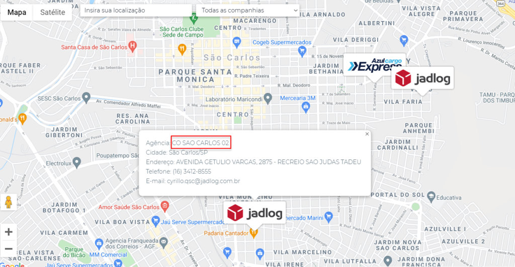 tela com mapa mostrando a agência