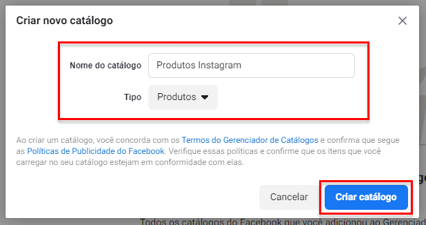 tela criar novo catálogo