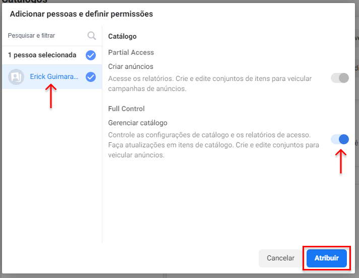 tela adicionar pessoas e definir permissões