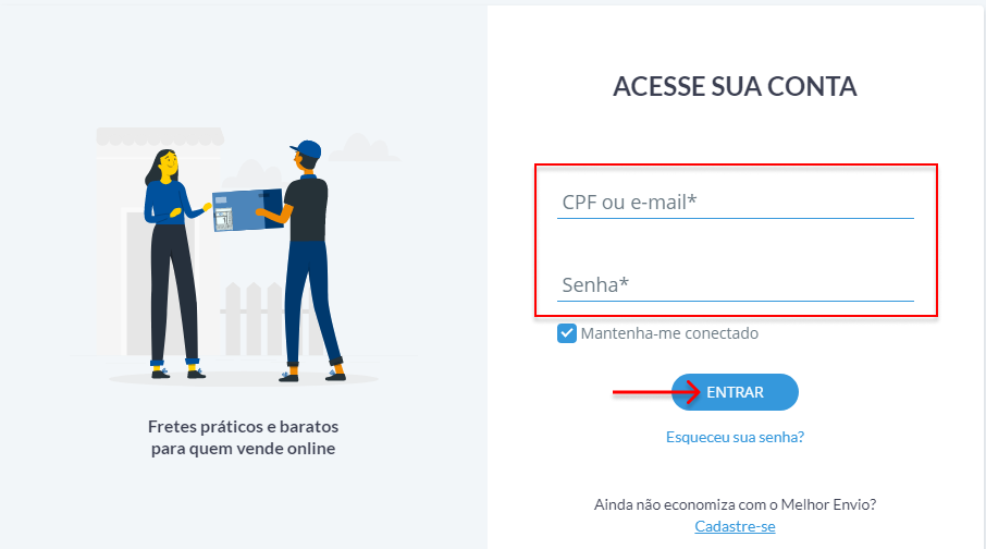 tela acesso da conta melhor envio