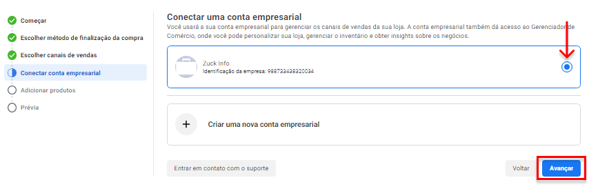 tela conectar uma conta empresarial