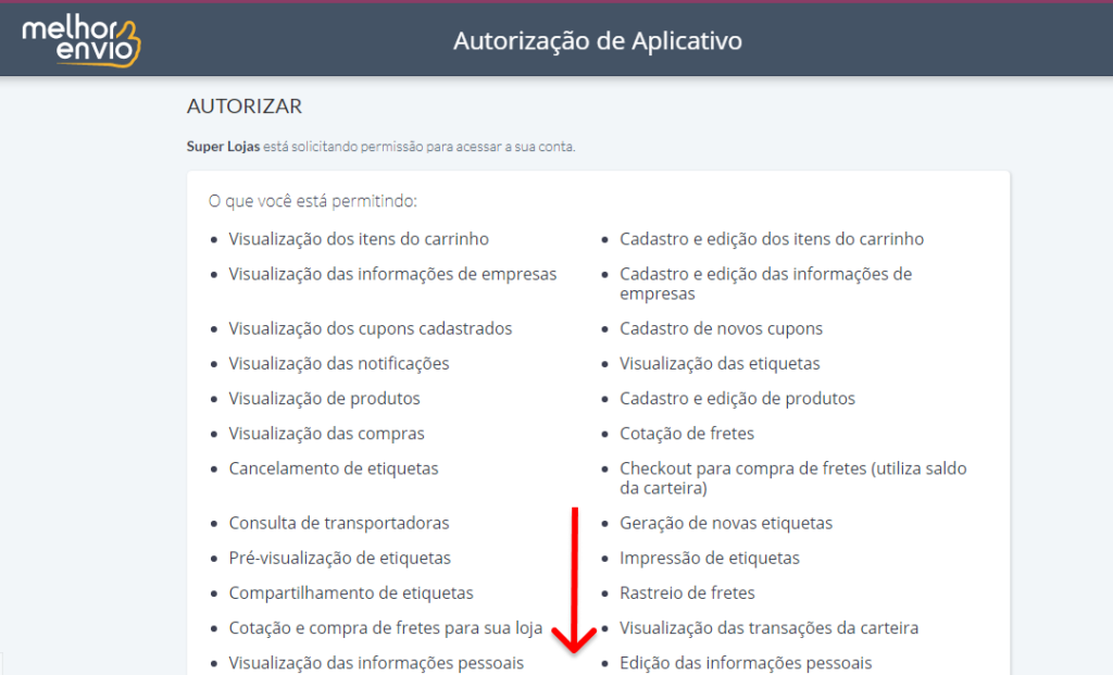 tela autorização do melhor envio