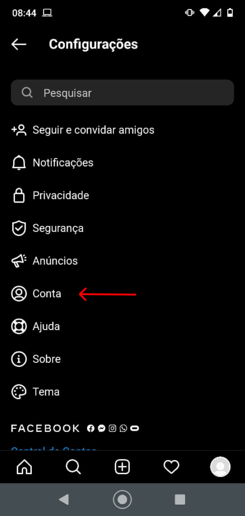 tela configuração conta
