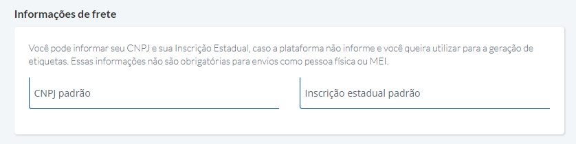 tela informações de frete
