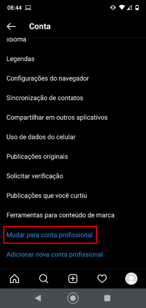 tela "mudar para conta profissional"