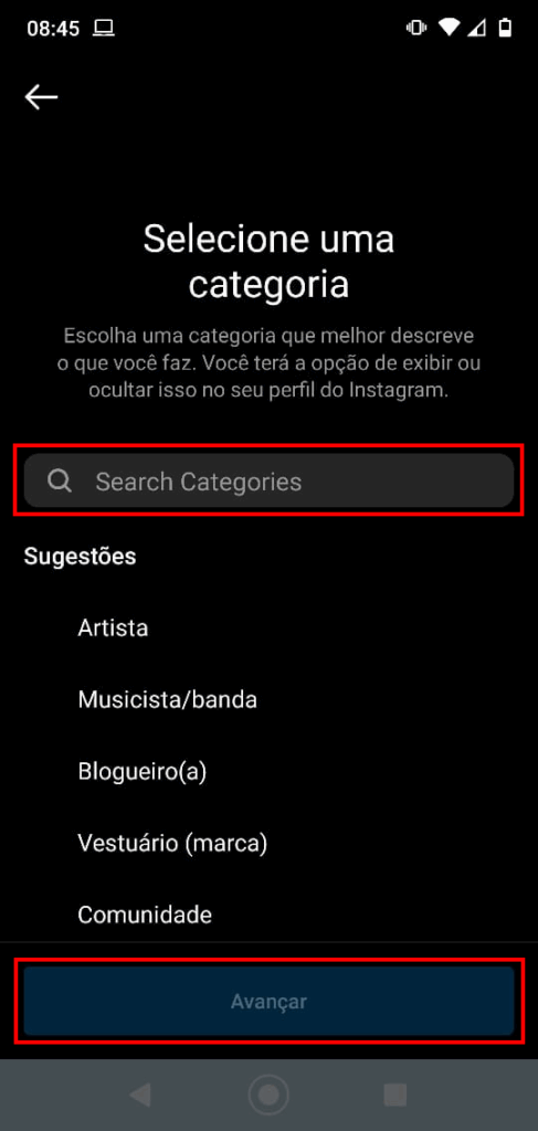 tela pesquisar categorias