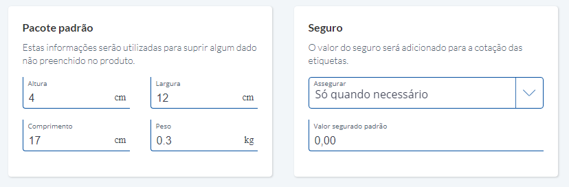 tela pacote padrão e seguro
