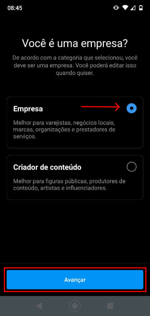 tela seleção de empresa