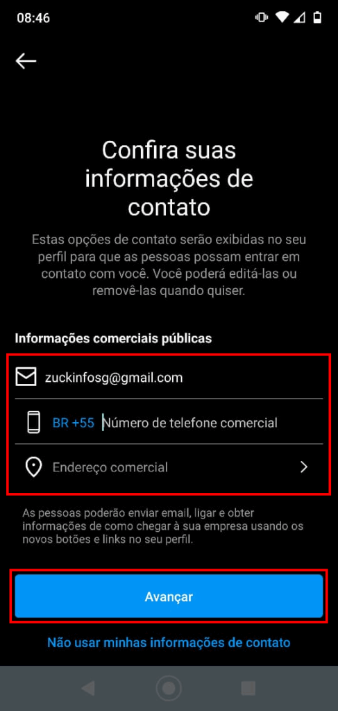 tela informações comerciais e públicas