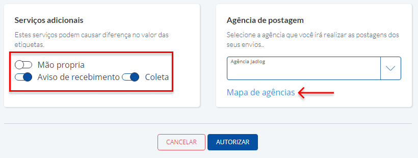 tela serviços adicionais e agência de postagem