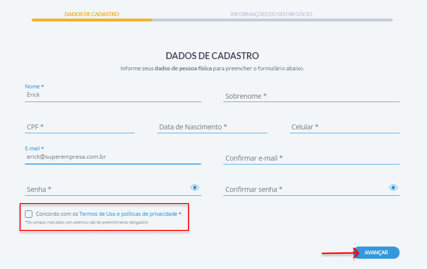 tela dados de cadastro