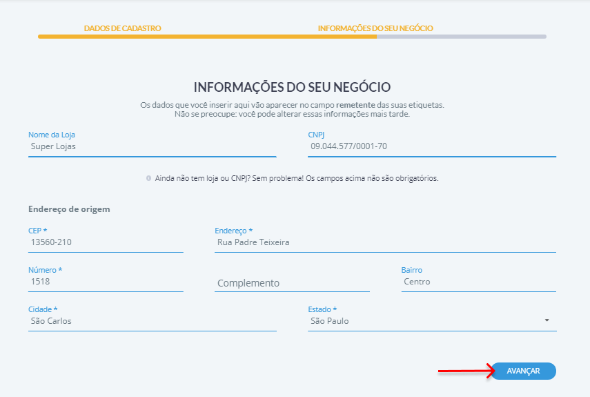 tela informações do seu negócio