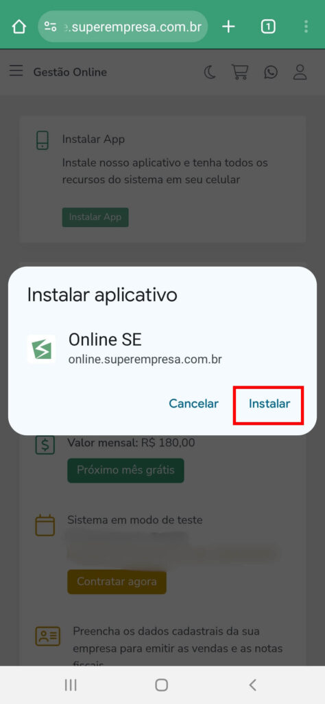 tela celular confirmar instalação