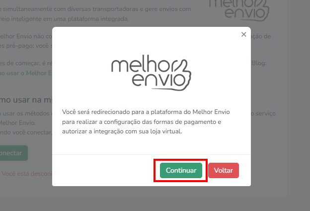 tela confirmação do uso do melhor envio