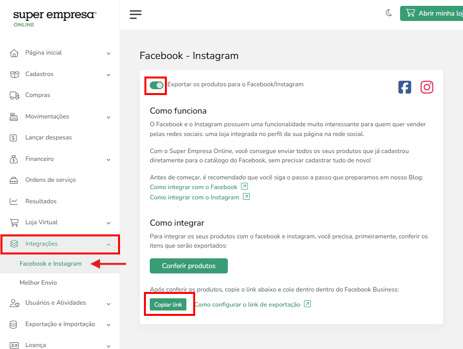 tela sistema online integrações facebook e instagram
