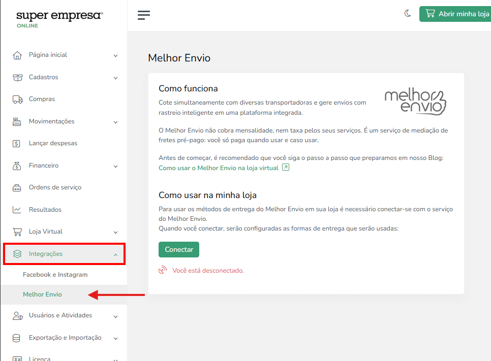 tela sistema online em integrações